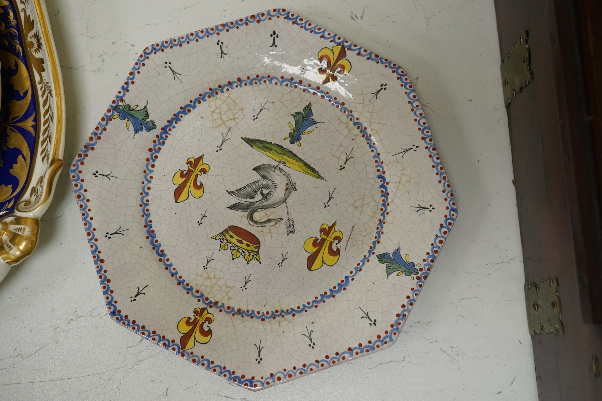 A Chamberlains Worcester armorial dessert dish, and a Spode armorial plate ‘The London’, c.1825 (produced for the Captain of the Ship 'The London’), both bearing the arms of the British East India Company, together with